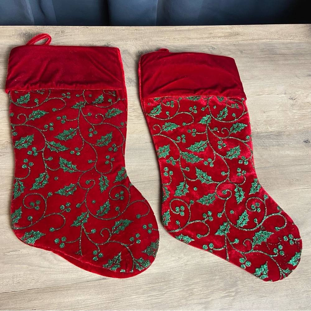 Set of‎ 2 Red and Green Glittered Floral Shadow Cuffed Christmas Stocking